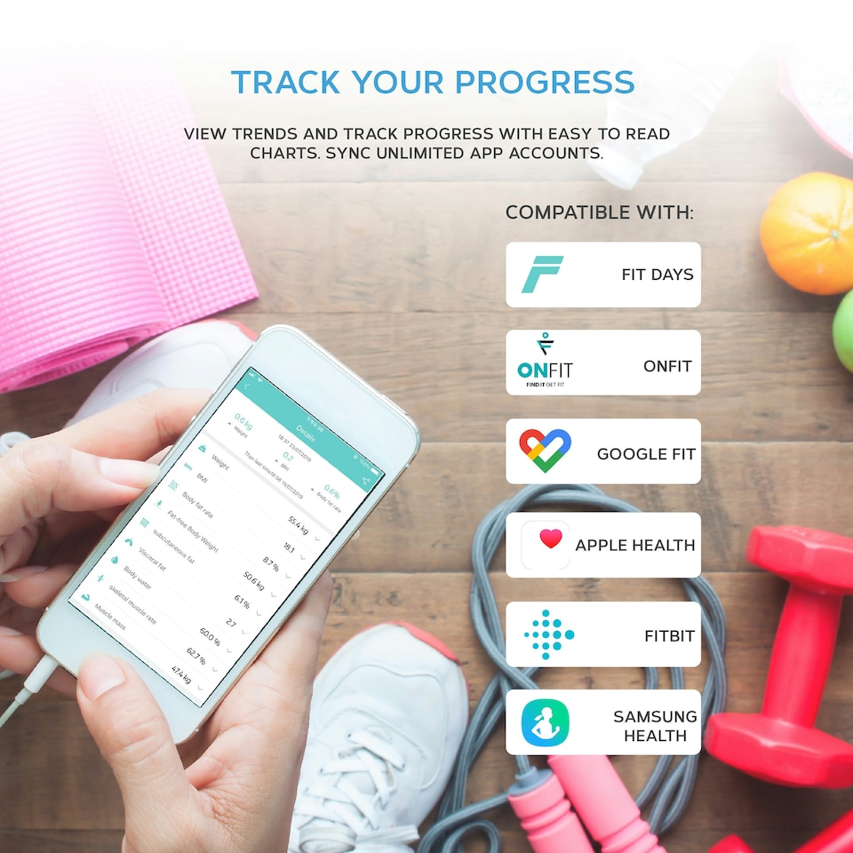 image 1 of Get Fit Smart Bathroom Scales - Monitor Weight Loss Digital Body Weighing Scale, Connect to IOS/Android via Bluetooth with APP, LCD Display, Auto On/Off - White