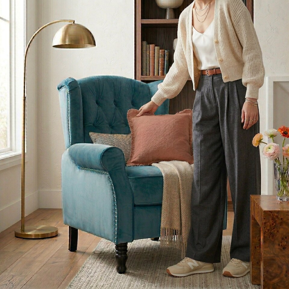 image 1 of Velvet Blue Marianna Manual Recliner Wingback Chair