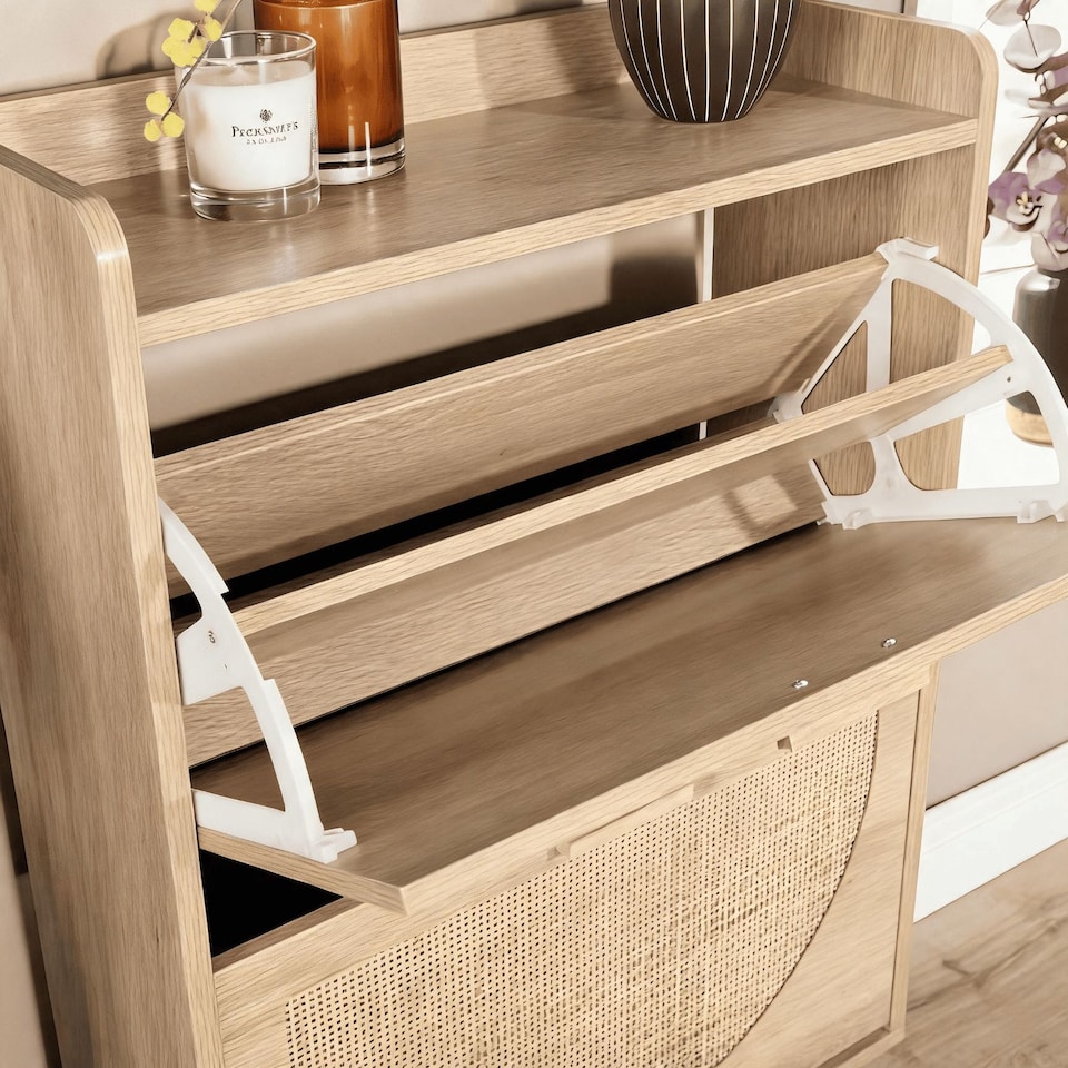 image 1 of 2 Door Shoe Storage Cabinet Rattan Door Fronts Solid Wooden Legs Home Furniture