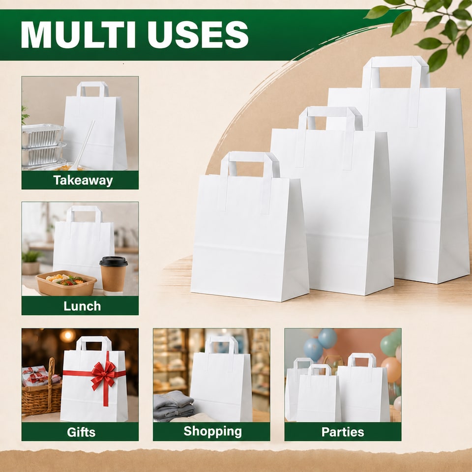 image 1 of ECONX White Kraft Paper Bags With Handles Medium Size SOS Takeaway Grocery Party Carrier Bags x 100pc