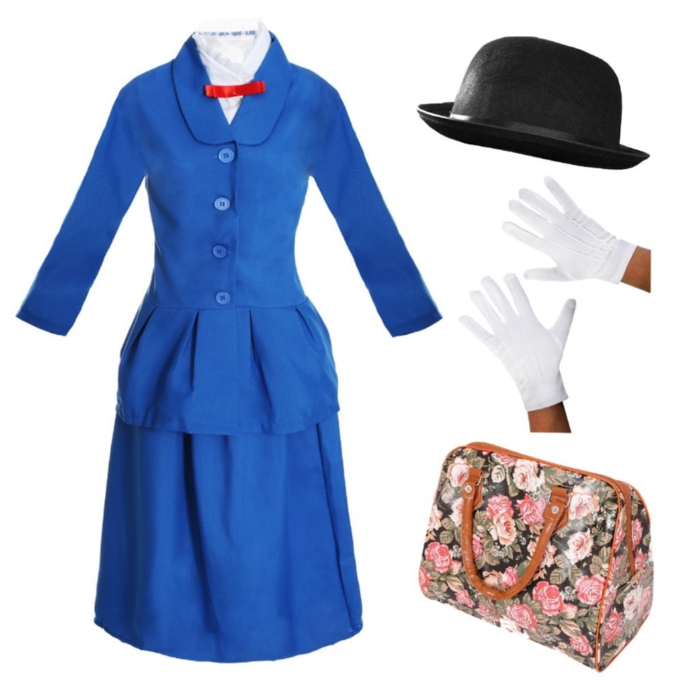 image 1 of Magical Nanny Costume - with 55cm Hat, Gloves & Floral Bag Blue | L