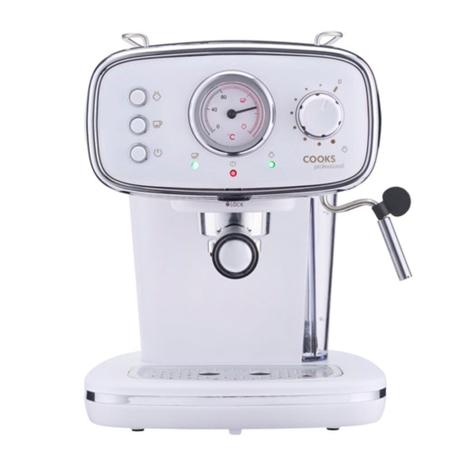 image 1 of Cooks Professional 15-Bar Retro Espresso Coffee Machine 1.2L with Frothing Steam Wand | White | White & Silver