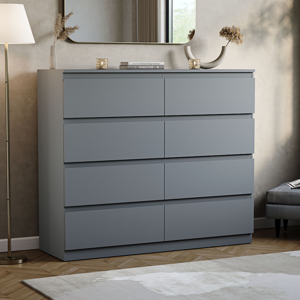 image 1 of Vida Designs Denver 8 Drawer Chest of Drawers Bedroom Storage, Grey