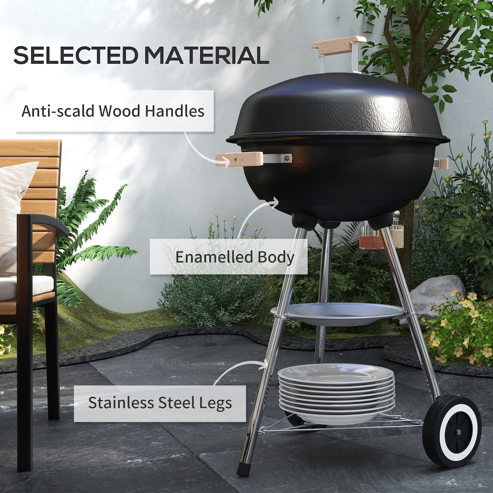 image 1 of Outsunny Portable Round Kettle Charcoal Grill BBQ Outdoor Heat Control Party | Black | Black and Silver