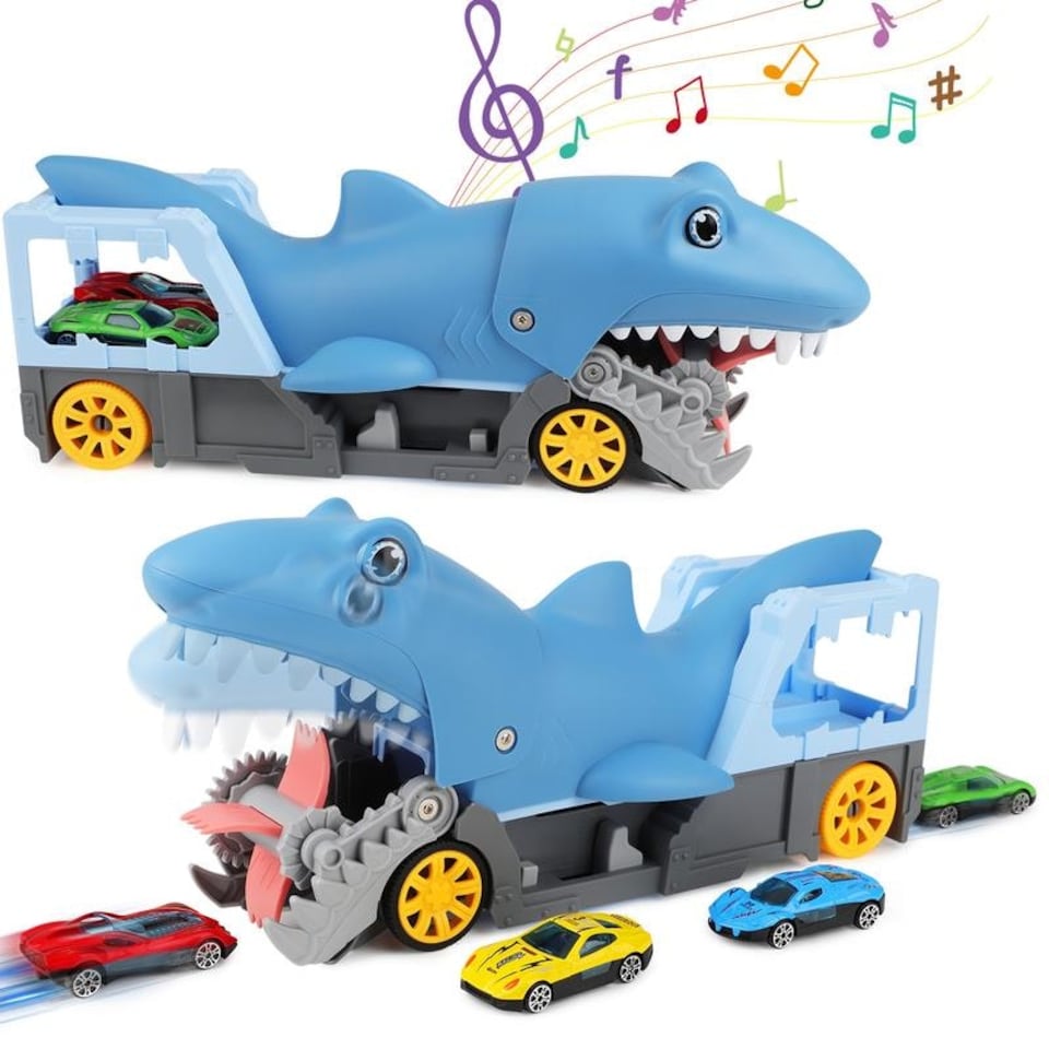 image 1 of Shark Devour Transporter Toy Truck - Push-and-Go Vehicle with Slide-Off Ramp, Roaring Sounds, Lights & 4 Mini Cars, Realistic Shark-Head Design for Kids Ages 3-7