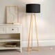 image 1 of ValueLights Lottie Natural Wood Tripod Floor Lamp with Black Fabric Drum Shade and LED Bulb