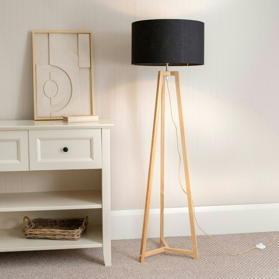image 1 of ValueLights Lottie Natural Wood Tripod Floor Lamp with Black Fabric Drum Shade and LED Bulb