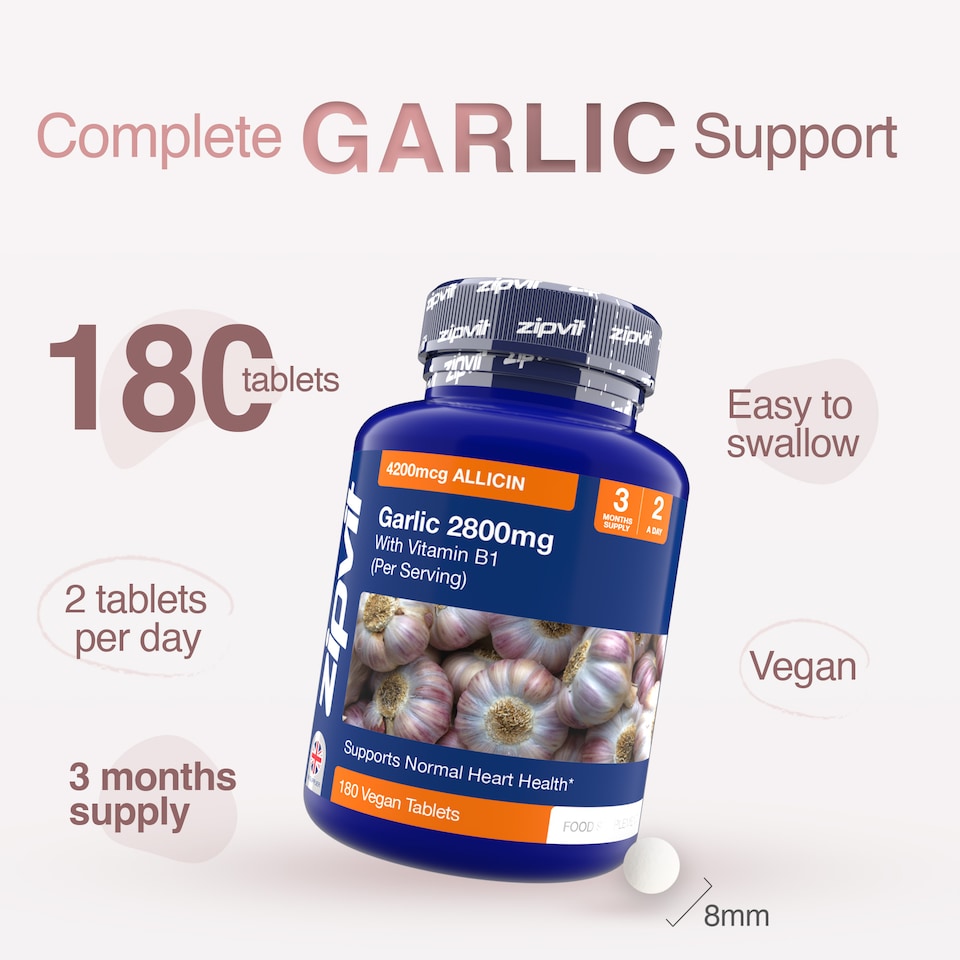 image 1 of Zipvit Garlic 2800mg with Vitamin B1, Heart & Energy Support, Provides Alliin & Allicin, 180 Vegan Tablets, 3-Month Supply