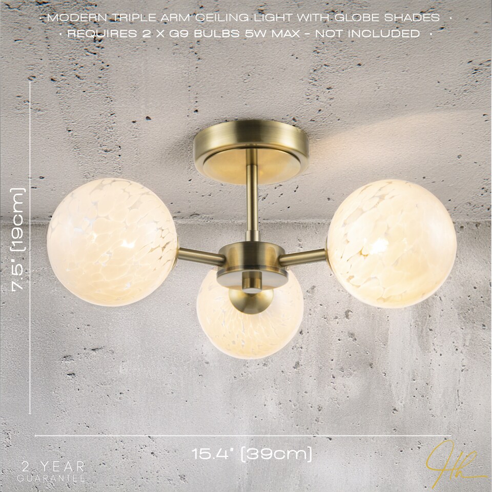 image 1 of Designer Antique Brass Ceiling Light with White Confetti Snowflake Glass Shades | Gold