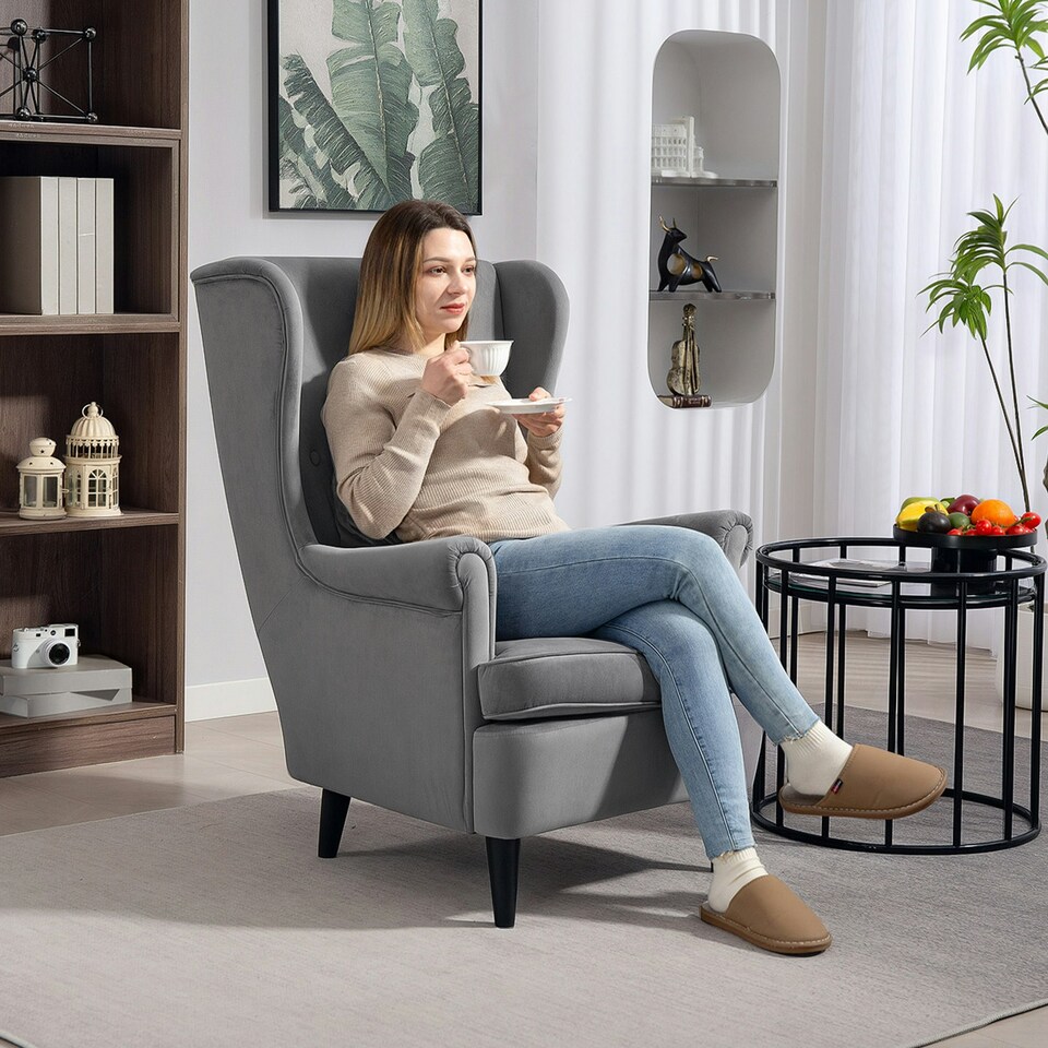 image 1 of HOMCOM Wingback Chair, Modern Accent Chair for Living Room Bedroom Green