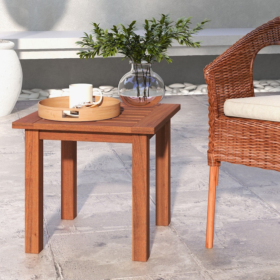image 1 of Patio Hardwood Side Table Outdoor Square End Table Wooden Slatted Coffee Table