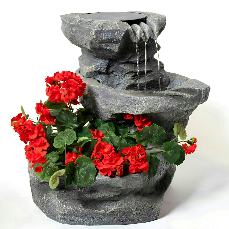 image 1 of Primrose Dornie Solar Powered Grey Stone Effect Water Feature with Planter 48cm