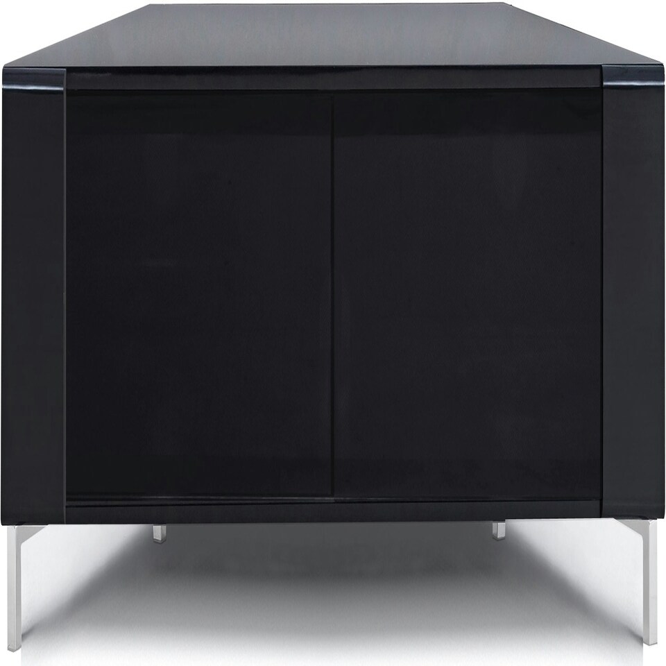 image 1 of MDA Designs CORVUS Corner-Friendly Gloss Black Contemporary Cabinet with BeamThru Glass Doors Modern Space-Saving Stand for Flat Screen TVs up to 50" Black
