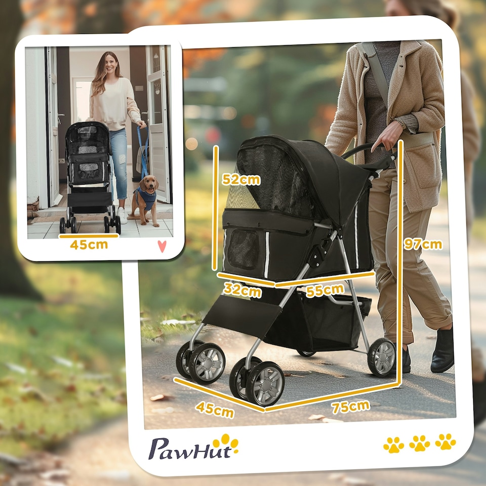 image 1 of PawHut Pet Stroller Carrier Foldable Deluxe Jogger Walk Travel Dog Cat Black