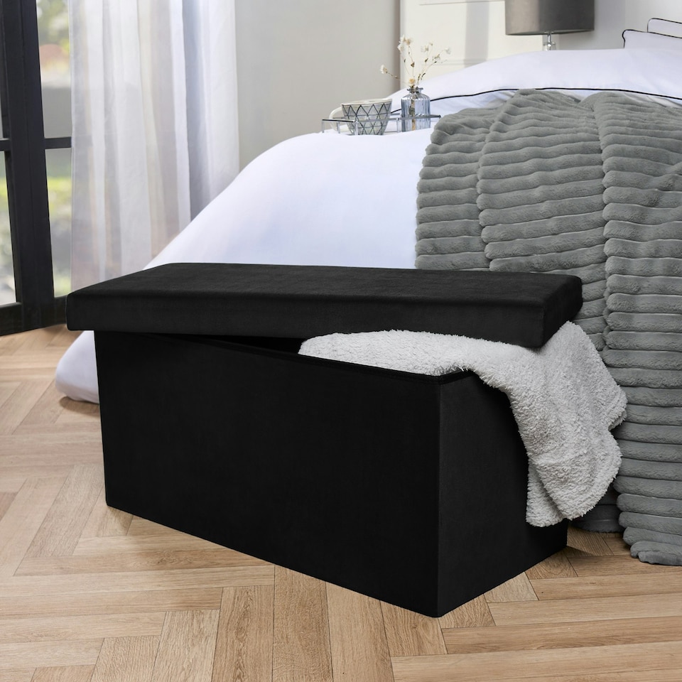 image 1 of OHS Matte Velvet Soft Long Rectangle Foldable Footstool Seat Storage Organiser Ottoman | Pink | Blush Pink