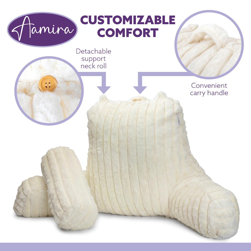 image 1 of Aamira Reading Pillow Cream Faux Fur Ribbed Memory Foam Support Cushion | Cream | Cream | Standard | 1