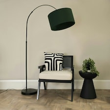 ValueLights Louis Black Arched Curved Floor Lamp with Forest Green Fabric Drum Lamp Shade and LED Bulb