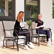 Outsunny Outdoor Double Glider Rocking Chairs with Glass Top Middle Table, Metal Gliding Love Seat Conversation Furniture with Breathable Mesh Fabric Seat, for Garden, Patio, Brown