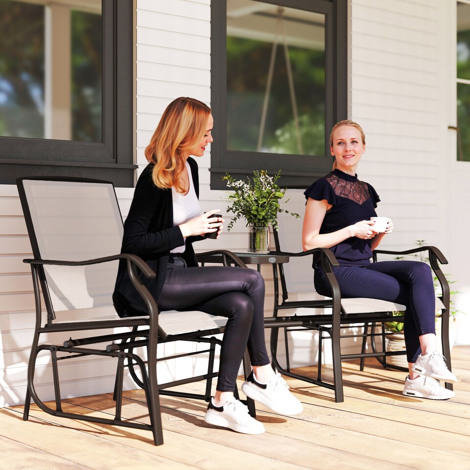 image 1 of Outsunny Outdoor Double Glider Rocking Chairs with Glass Top Middle Table, Metal Gliding Love Seat Conversation Furniture with Breathable Mesh Fabric Seat, for Garden, Patio, Brown