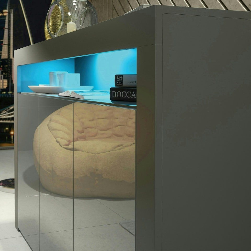 image 1 of Sideboard 155cm Grey Gloss Doors Grey Matt Body Free LED Display Unit Grey