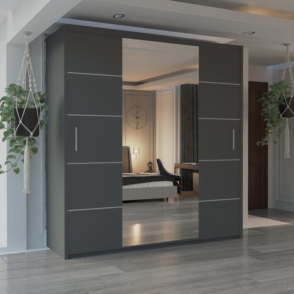 image 1 of Alfa Double Sliding Door Wardrobe with Mirror for Bedroom - Grey 150cm