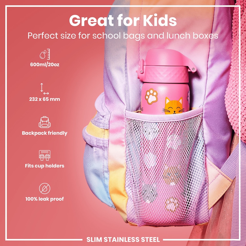 image 1 of Leak Proof Slim Water Bottle, Stainless Steel, 600ml (20oz) | Pink | Cats | One Size