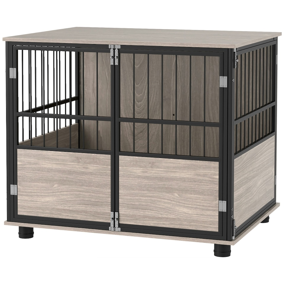 image 1 of PawHut 80cm Dog Crate Furniture Dog Cage End Table Indoor w/ Doors, Cushion