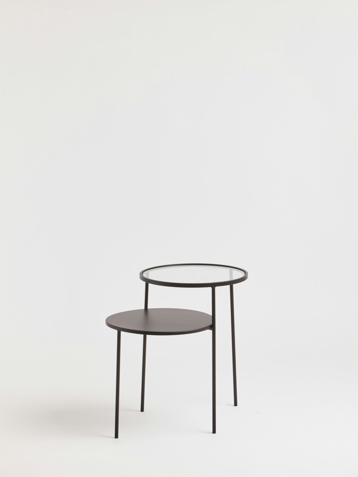 image 1 of Interiors by Premier Layered Round Side Table, Metal and Glass Top Side Table, Black Side Table, Contemporary Settee Side Table | Black