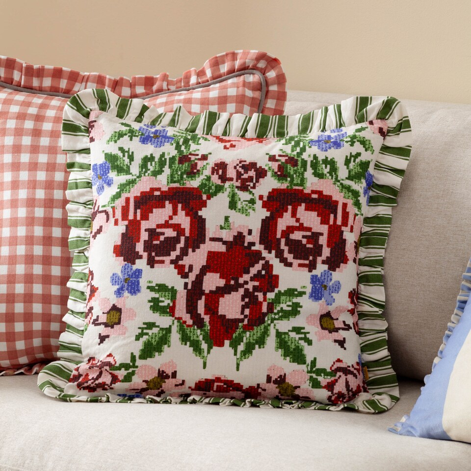 image 1 of Furn Feeoni Ruffle Cotton Cushion, Willow Green, 43 x 43cm