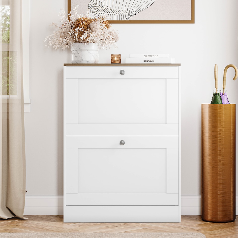 image 1 of Vida Designs 2 Drawer Compact Shoe Cabinet Hallway Home Entrance Storage Unit - White & Oak
