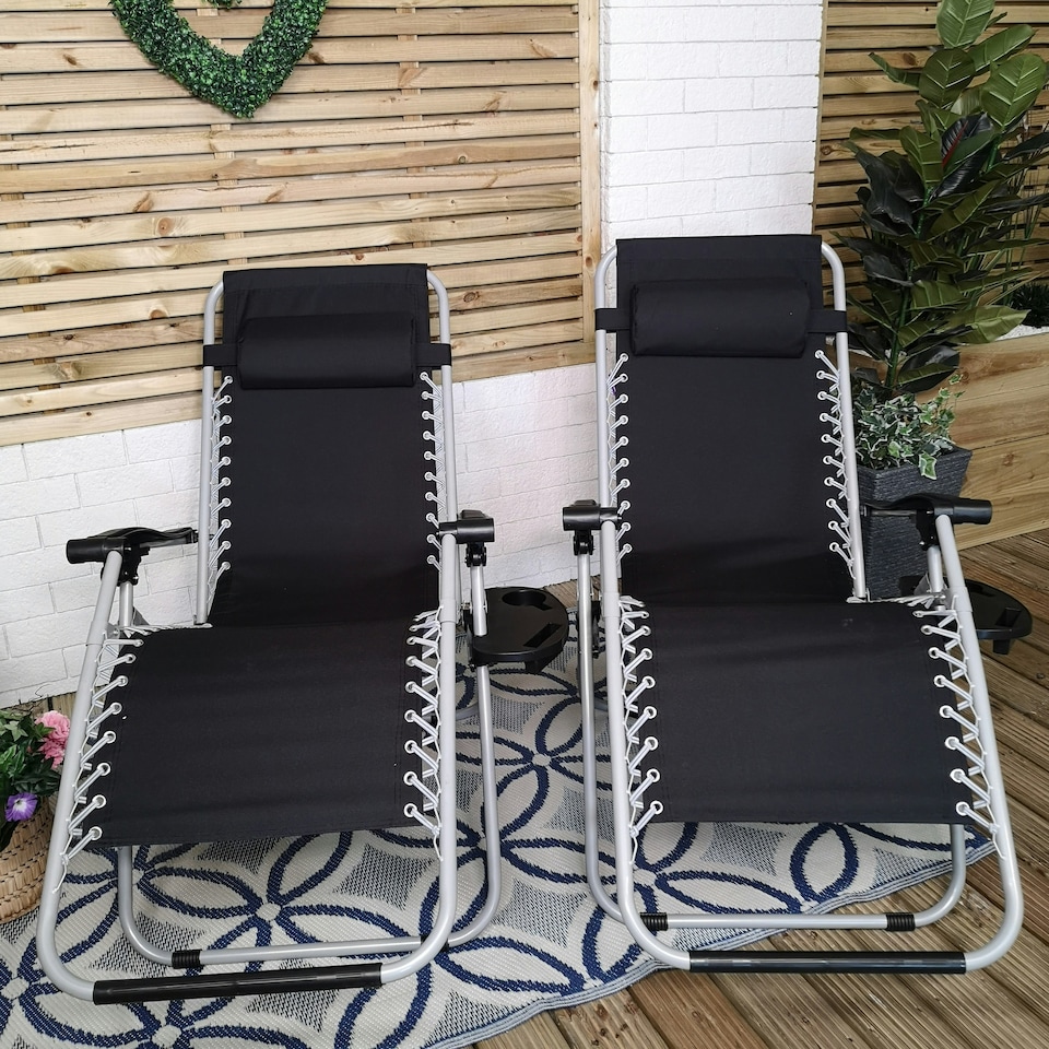 image 1 of Set of 2 Multi Position Garden Zero Gravity Relaxer Chair Sun Lounger in Black & Silver