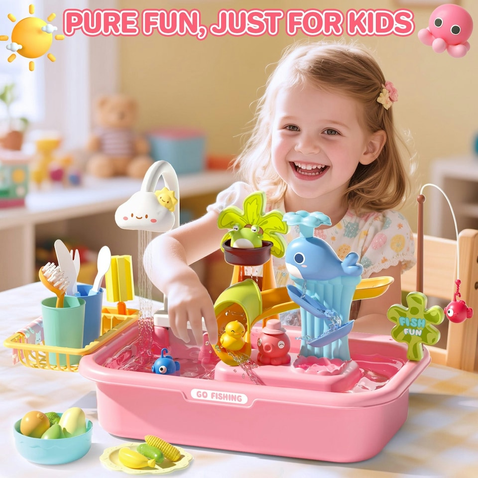 image 1 of Pretend Play Kitchen Sink with Real Running Water 4-in-1 Water Play Table (Pink)