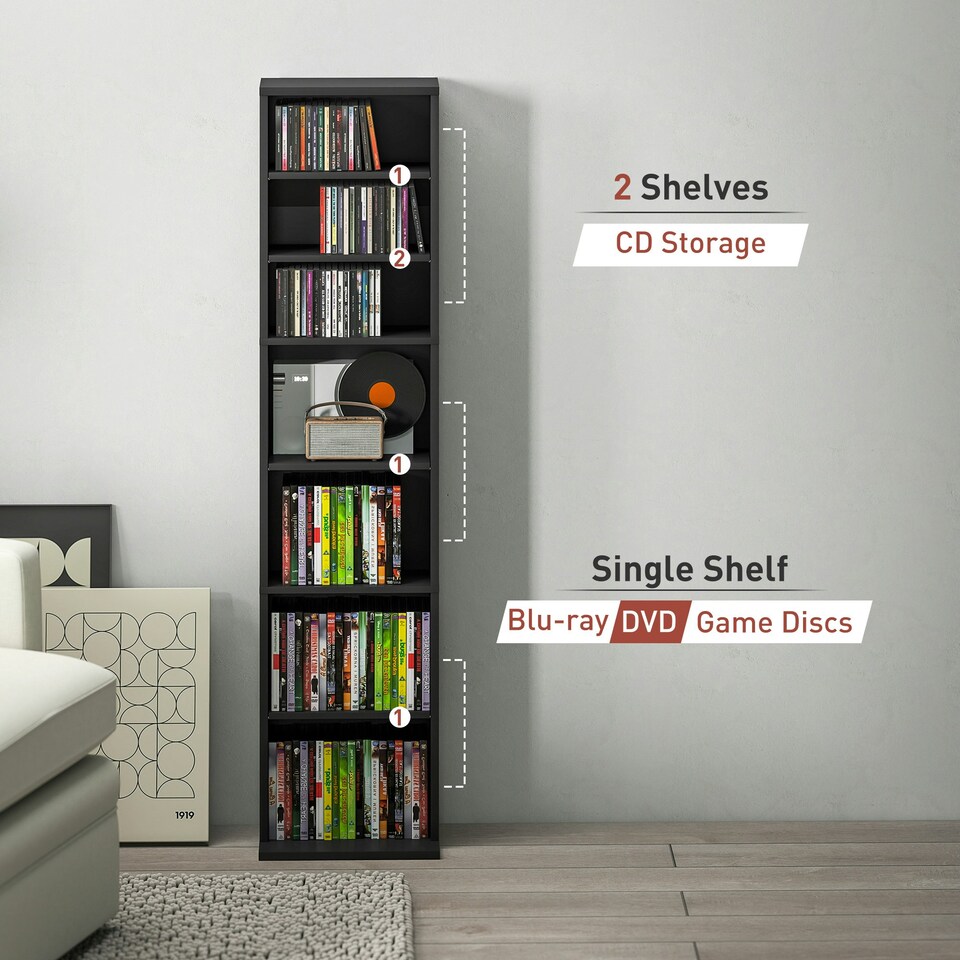 image 1 of HOMCOM CD Storage Unit DVD Storage Tower with Compartments Black | 33W x 24D x 140H cm