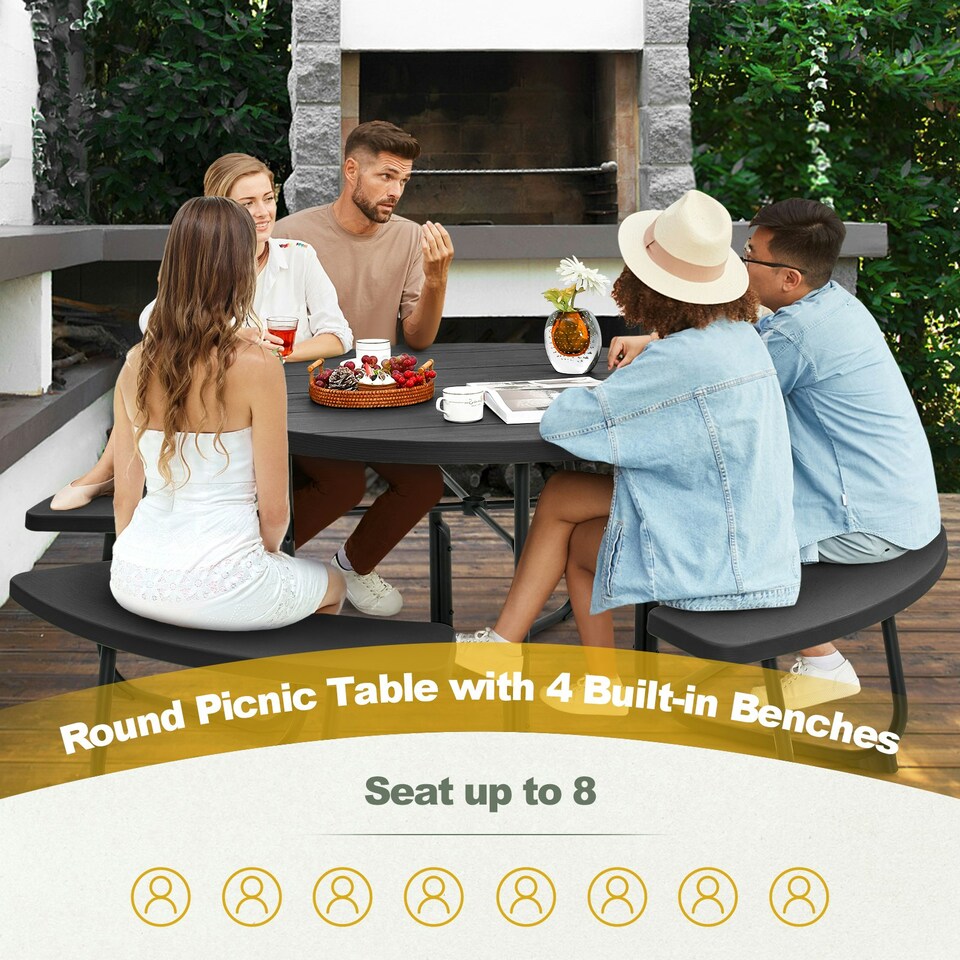 image 1 of COSTWAY 8 person Round Picnic Table Bench Set Picnic Table W/4 Benches