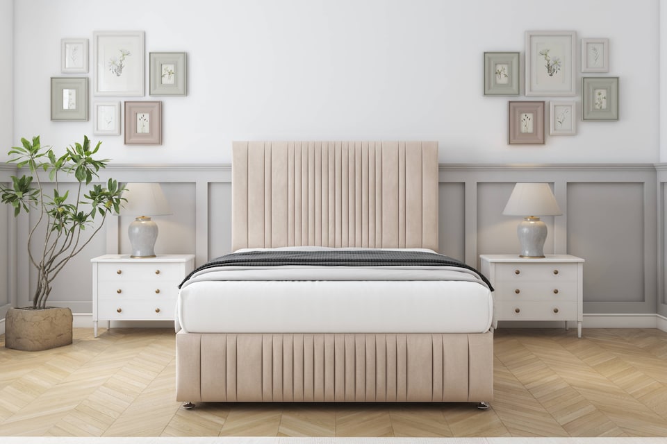 image 1 of Sloomy Kingsley Sand Naples Divan Bed With Mattress 2 Drawers Footend With 54" Floor Standing Headboard & 12" Matching Footboard 6' Super King | Cream | Sand | Super King | 1