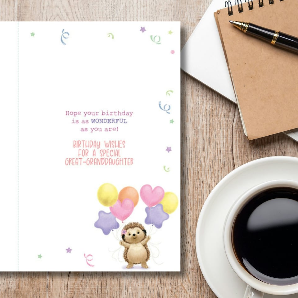 image 1 of Words 'n' Wishes Birthday Card for Great Grandaughter, Cute Hedgehog Holding Balloons, Multicoloured, 21.7 x 14.4 cms