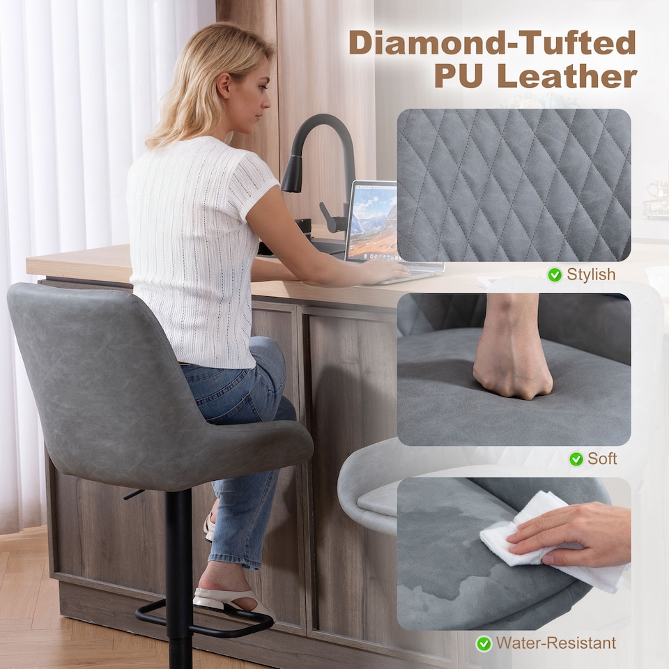 image 1 of HOMCOM Breakfast Bar Stools Set of 2 with 51x40cm Wide Seat, Height Adjustable Kitchen Counter Chairs, Retro Swivel Upholstered Barstools with Back, Footrest and Steel Base, Light Grey | Grey | Light Grey