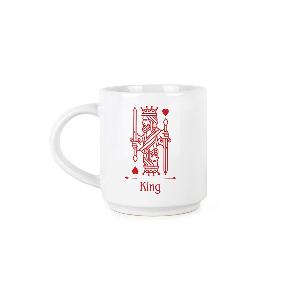 image 1 of King & Queen Stacking Mugs Set Gift - Red Playing Cards Ceramic Cups Set of 2 with Metal Stand, Classic Game Gifts for Couples | White