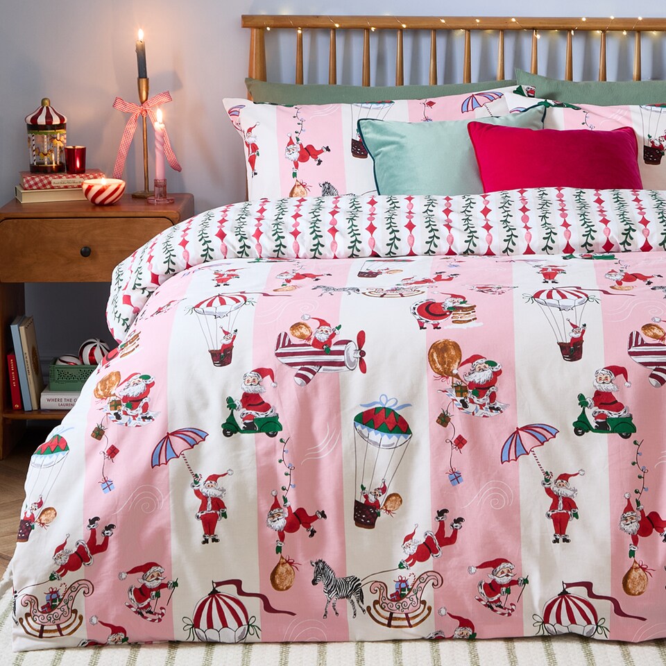 image 1 of Furn Passport To The North Pole Christmas Reversible Duvet Cover Set, Candy Floss/Linen, Double