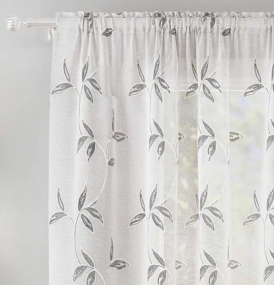 image 1 of Oasis Grey Embroidered Leaf Design Voile Panels - Pair 140 x 122cm (55x48")