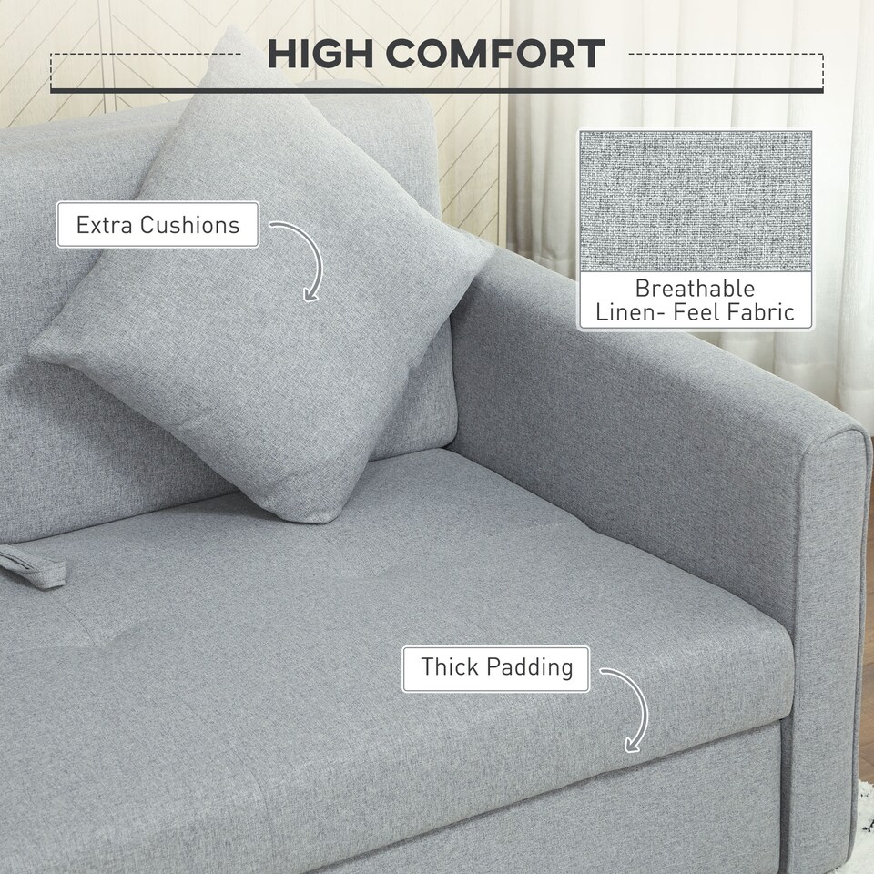 image 1 of HOMCOM 2 Seater Sofa Bed with Hidden Storage, Pull Out Convertible Bed Settee, Modern Linen Loveseat Sofa Sleeper with 2 Cushions for Living Room, Guest Room, Light Grey | Grey | Grey | One Size
