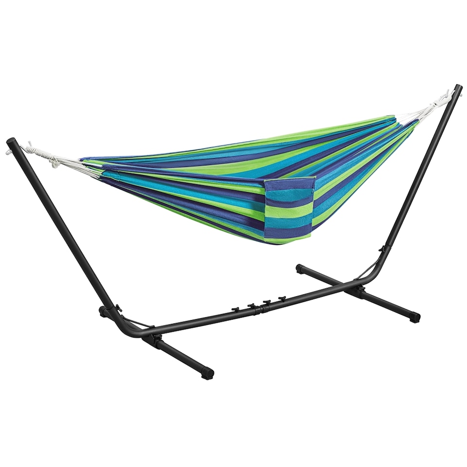 image 1 of Yaheetech Outdoor Hammock with Adjustable Steel Stand-Blue Green Stripe