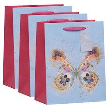 Multipack of 3 Medium Gift Bags | Party Bags for Presents | Birthdays | For Her/Friend | Butterfly Kisses Design Blue