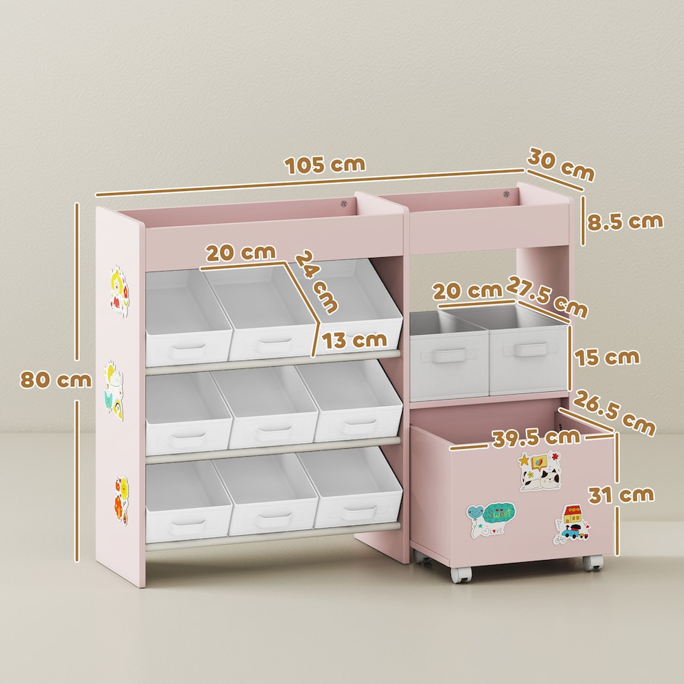 image 1 of AIYAPLAY Kids Toy Storage Unit, Children Toy Box Organiser with 11 Fabric Bins, Cabinet, Top Shelves, 3 Stickers, Kids Storage Unit Bookshelf for Nursery, Playroom, Kindergarten | Pink