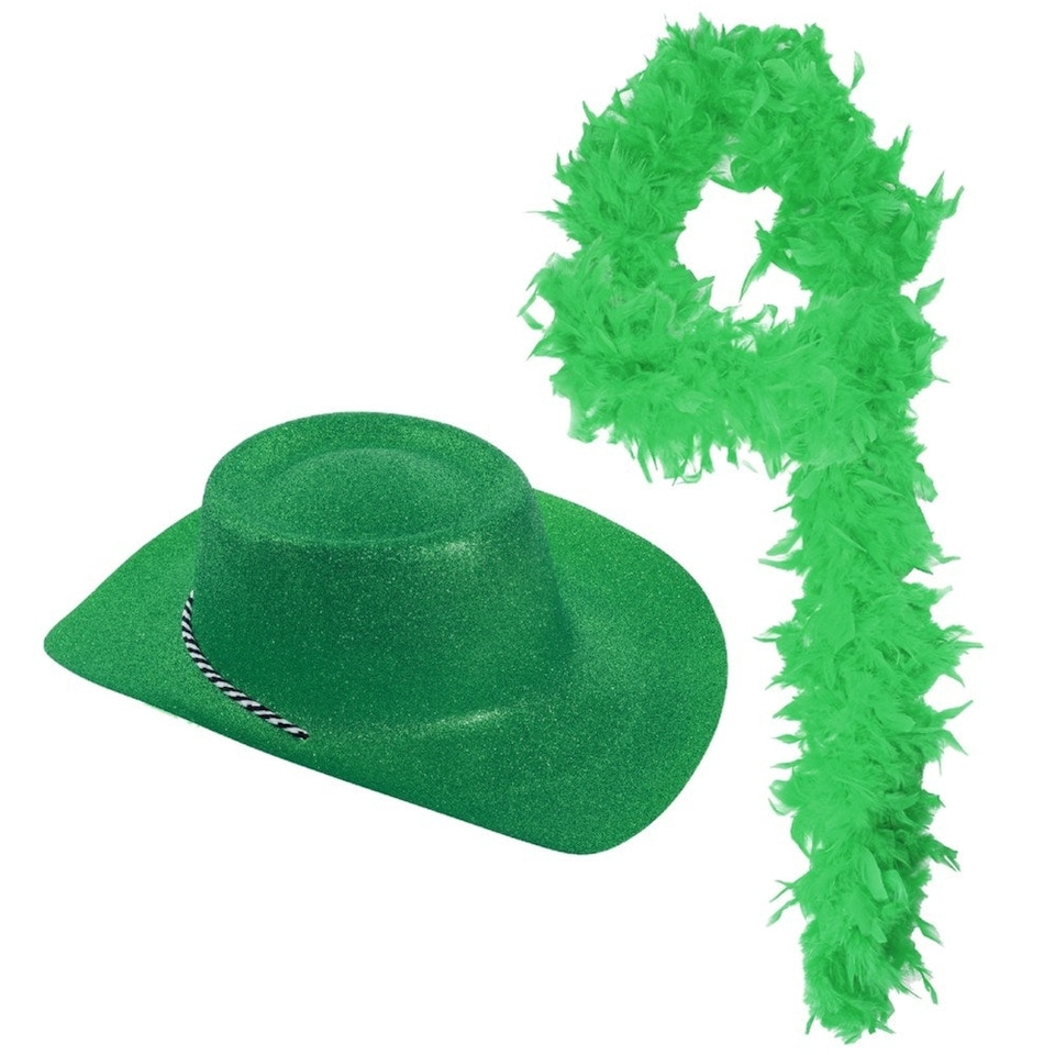 image 1 of Pack of 1 Green Glitter Cowboy Hat & Feather Boa Green | One Size