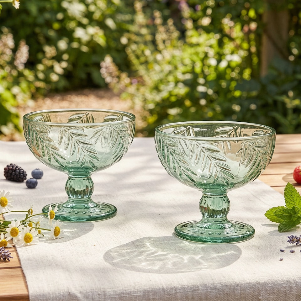 image 1 of Set of 2 Laurier Green Spring Summer Embossed Leaf Footed Bowls Wedding Decorations Ideas 320ml | Green | Green | Medium | 2