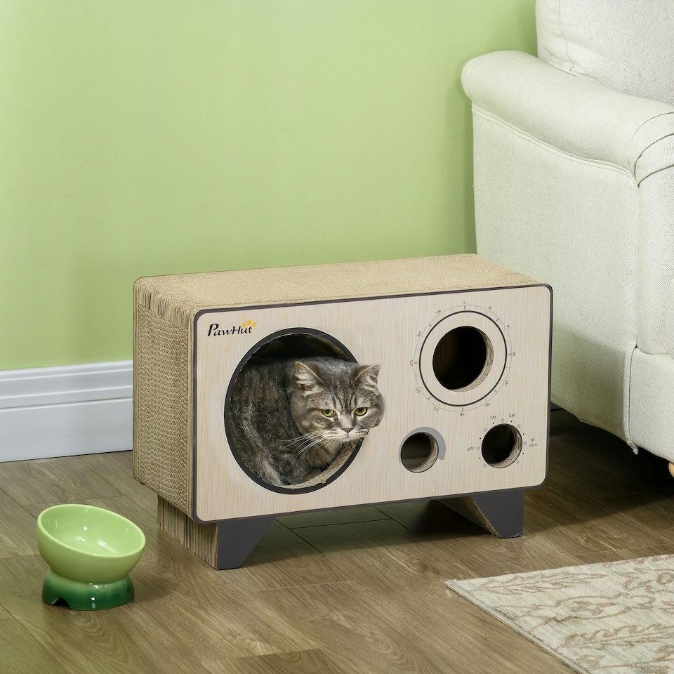 image 1 of PawHut Cat Scratcher Board Radio Shape Cardboard with Catnip, Natural Wood