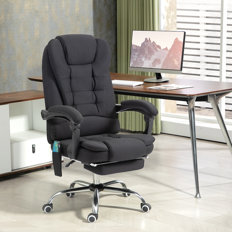 image 1 of Vinsetto Office Chair with 6 Point Massage and Back Heat, Linen Desk Chair with Footrest Adjustable Height and Swivel Wheels, Back Reclining, Black