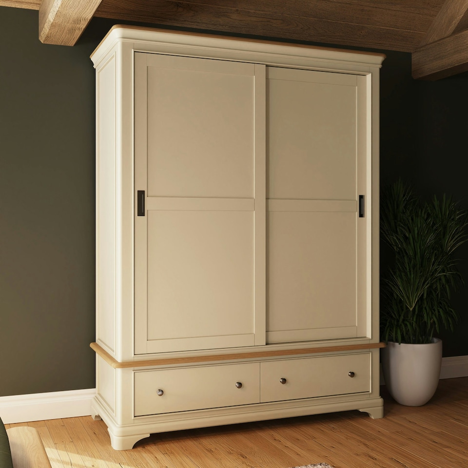 image 1 of Faire 150cm Sliding Combination Wardrobe in Putty with Oak Top Grey