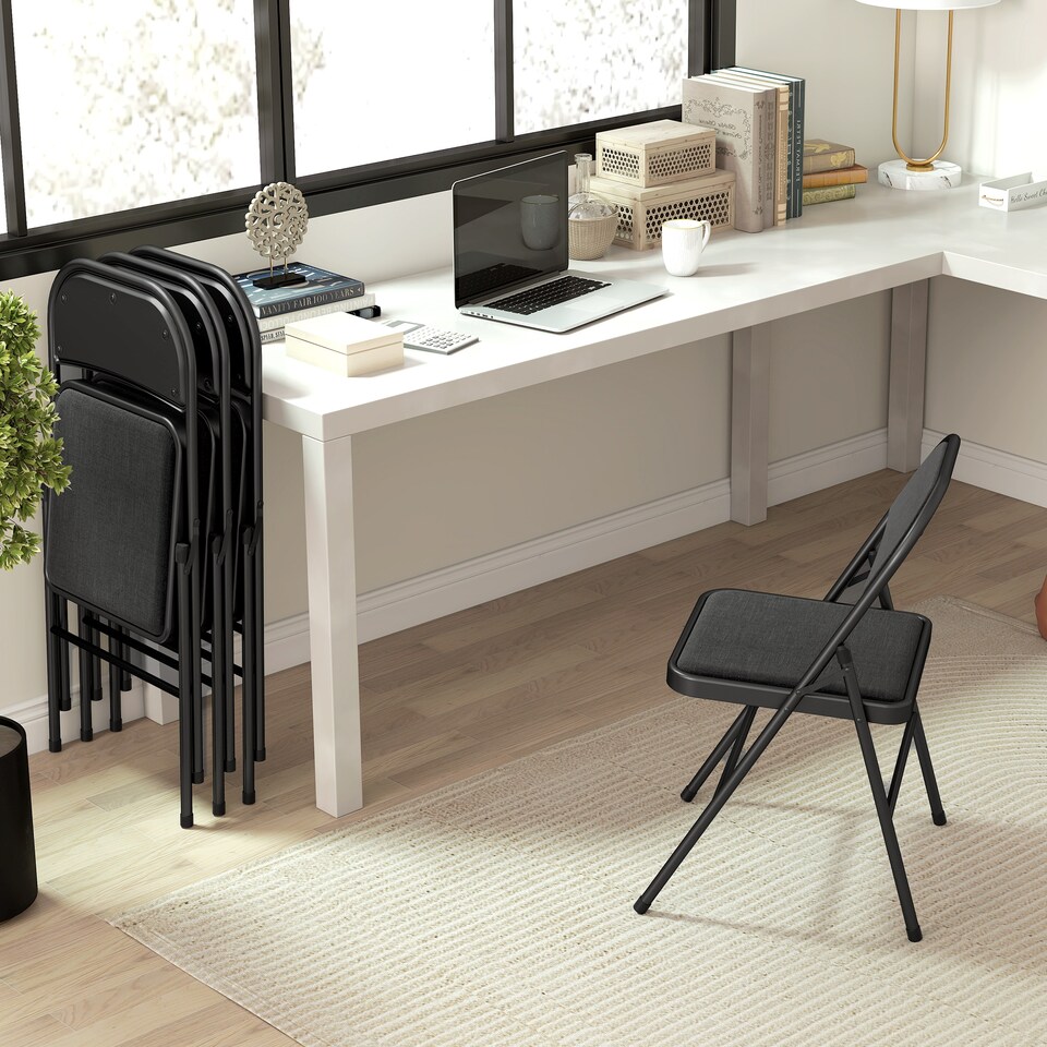 image 1 of HOMCOM Padded Folding Chairs Set of 4 Linen-Look Foldable Chairs with Cushioned Seat and Metal Frame for Home Office Dining Computer Desk Reception Room Black | Black | Black